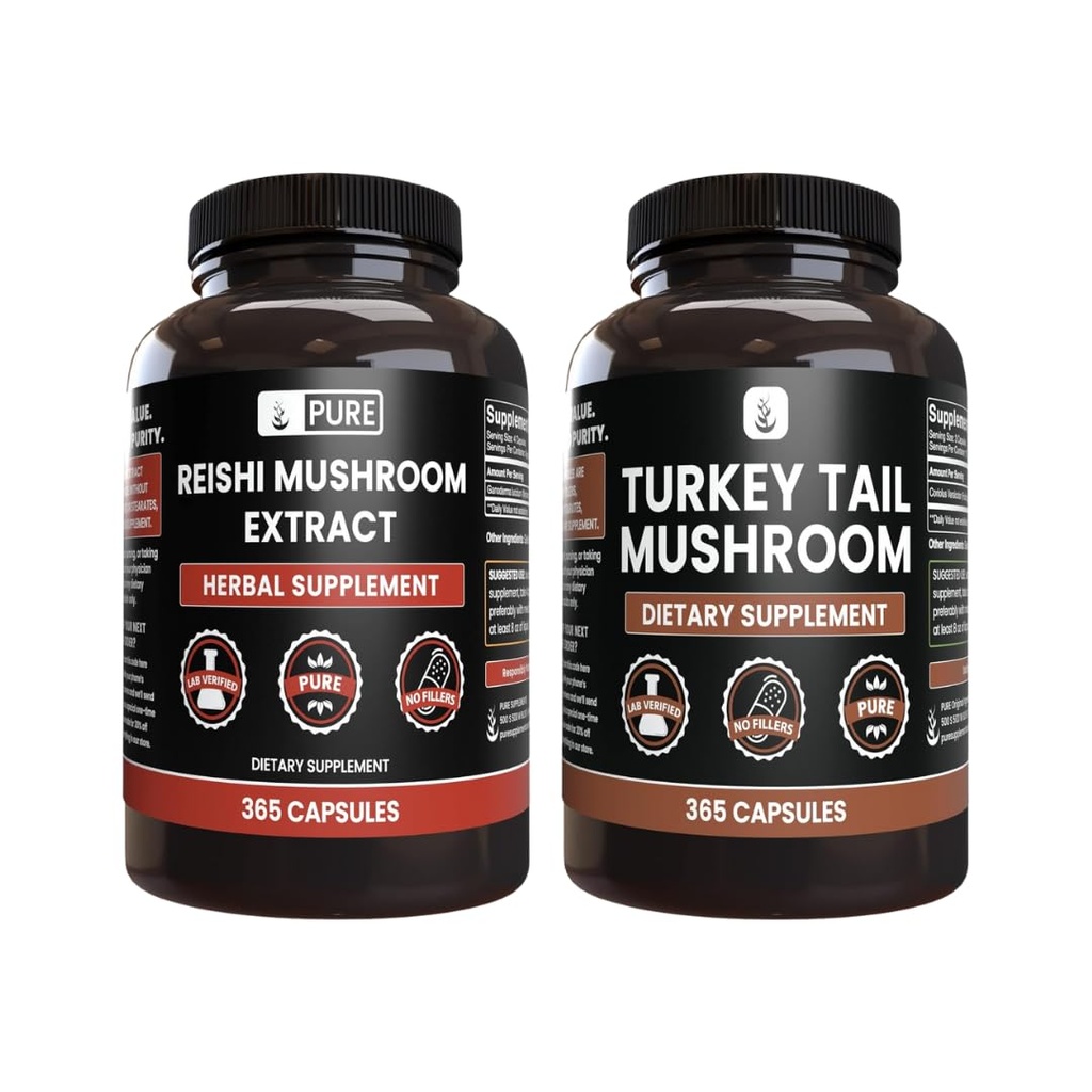 PURE ORIGINAL INGREDIENTES Reishi Mushroom &amp; Turquía Tail Mushroom Capsule Bundle (365 cápsulas), Siempre puro, sin aditivos ni artillerías