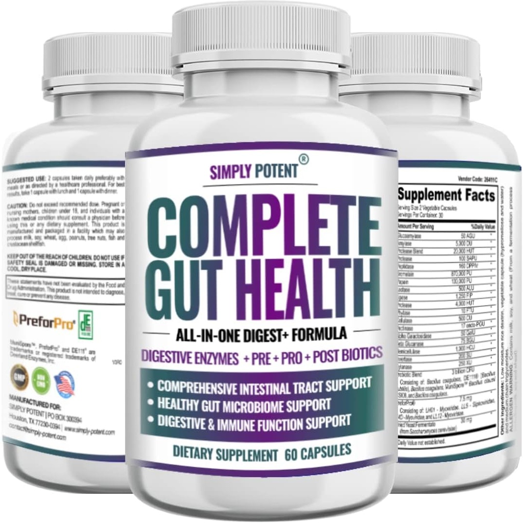 Completo Gut Health, Digestive Enzymes Plus Prebiotic, Probiotic & Post Biotic Gastrointestinal Support, Supports Gut Health & Immune Function, 60 cápsulas