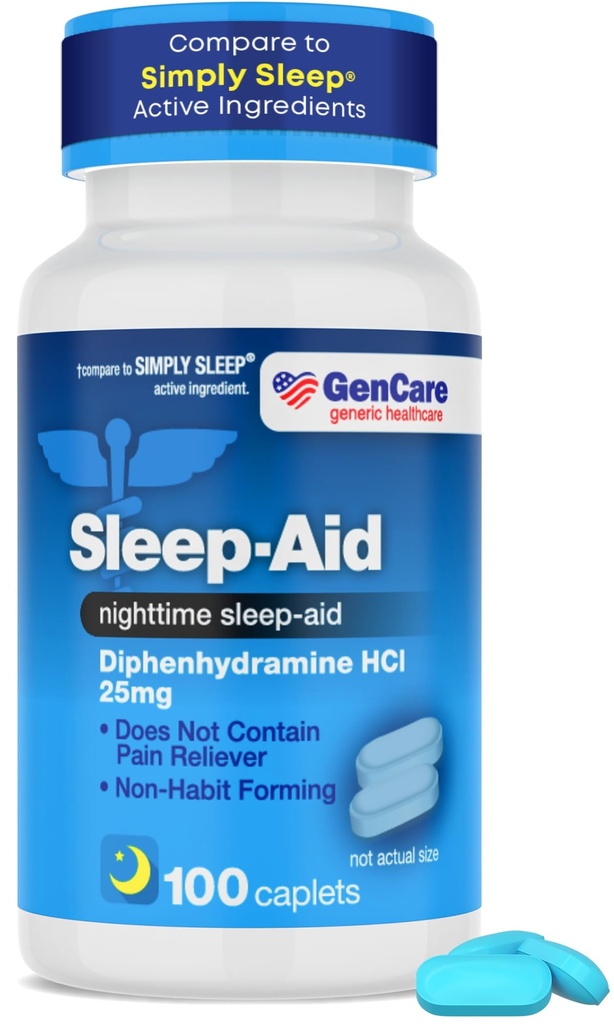 GenCare - Ayuda al sueño Diphenhydramine HCL 25mg Blue Caps (100 caplets) - Non Habit Forming Nighttime Sleeping Pills for Adults to Fall Asleep Faster &amp; Sleep Deeper Through The Night - Sleep Aids