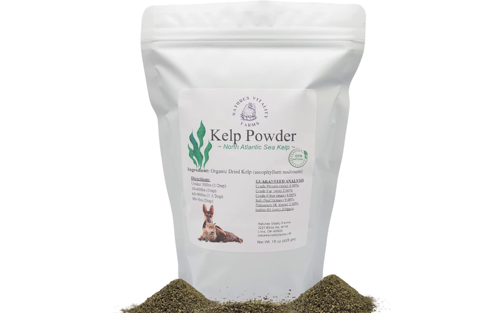 Kelp Powder for Dogs/Cats, Natural North Atlantic Ocean Sea Kelp, Vitaminas Minerales y Antioxidantes para la salud máxima (15 onzas)