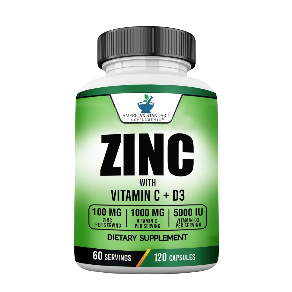 Suplementos Estandares Americanos Zinc 100mg, Vitamina C 1000mg y Vitamina D3 5000 UI (125mcg) Por Serving - Gluten Free, Non-GMO, 120 Capsules, 60 Serviciones