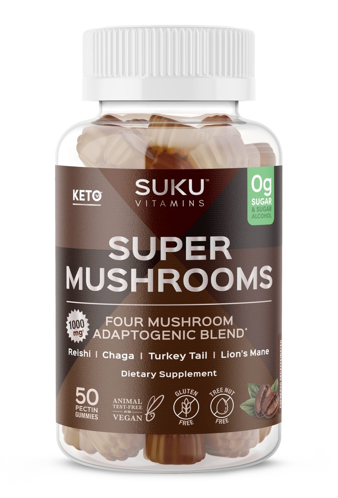 SUKU Vitaminas - Super Mushroom -Reishi Chaga, Turquía Tail &amp; Lions Mane Blend Gummies for Immunity - Easy to Chew - Non GMO, Gluten Sugar Gratis - Espresso Decaffeinated Flavored Gummy Vitamins, 50 Conde