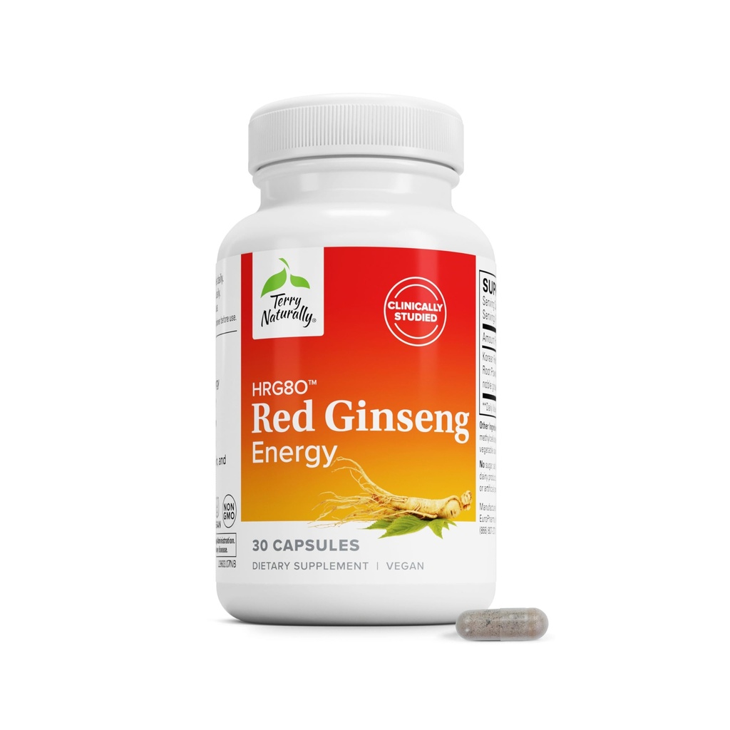 Terry Naturalmente HRG80 Red Ginseng Energy - Suplemento para apoyar la energía saludable & Focus - Suplemento herbal con coreano Red Ginseng Root Powder - Tablas Vegan para ayudar resistencia saludable - 30 cápsulas
