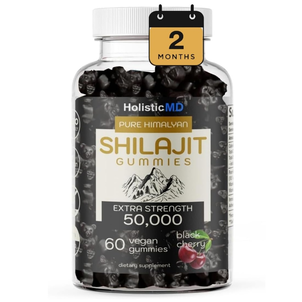 Shilajit Gummies for Men Women Pure Himalayian Extra Strenght 50,000 Resin for Metabolism Support Ashwagandha Siberian Chaga  2 Months Supply Vegan Keto Friendly Cherry 60 Gummies