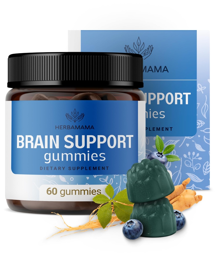 HERBAMAMA Brain Support Gummies – Suplementos de enfoque cerebral para adultos con Ashwagandha, Bacopa Monnieri, Vitamina C &amp; B12 – Gummies Vegan, No GMO Calming – 60 Pectin-Based Blueberry-Flavored Chews