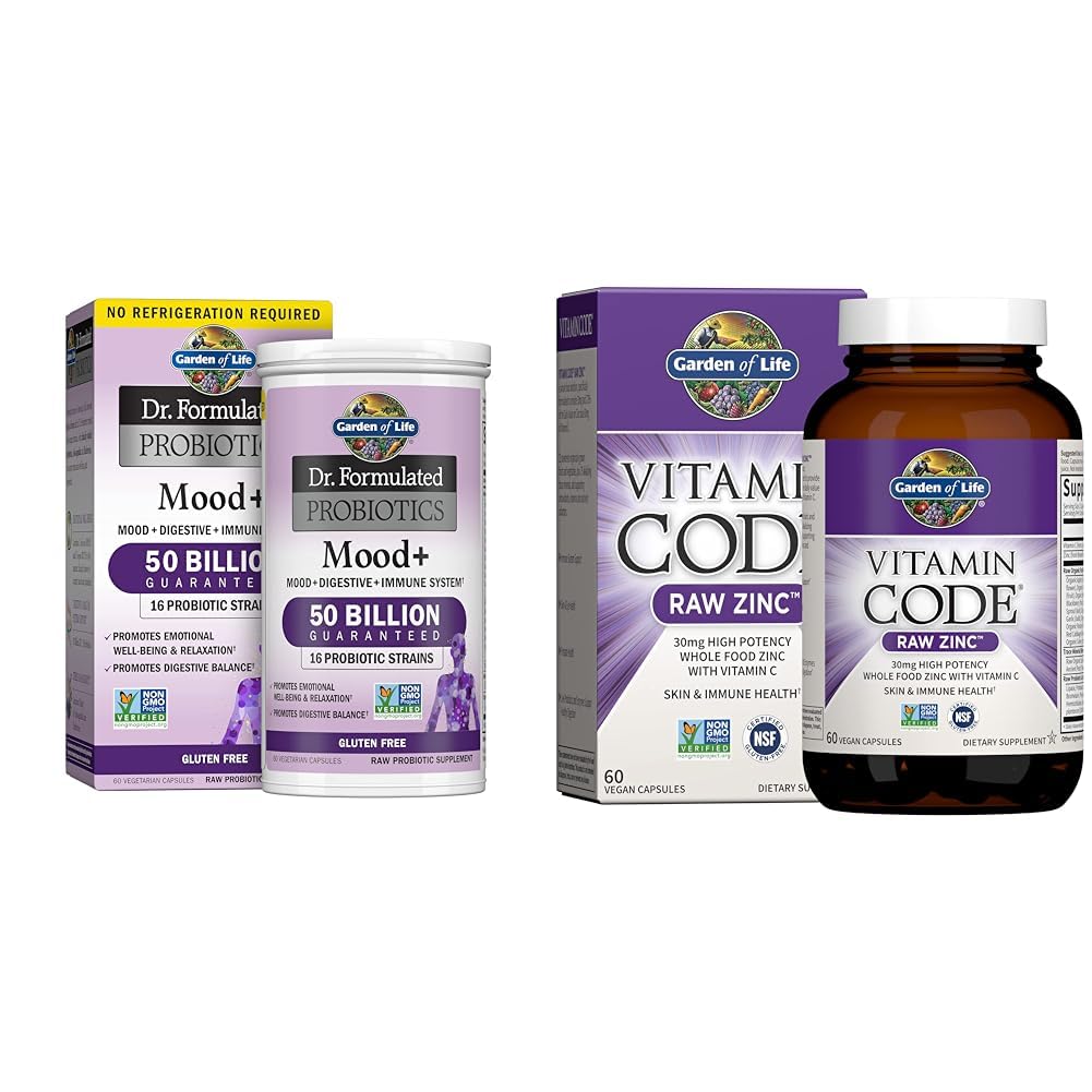 Jardín de la vida Dr. Probióticos Fórmidos Mood+ Acidophilus Probiótico Suplemento " Zinc Suplementos 30 mg de alta potencia Zinc crudo y vitamina C Suplemento multimineral