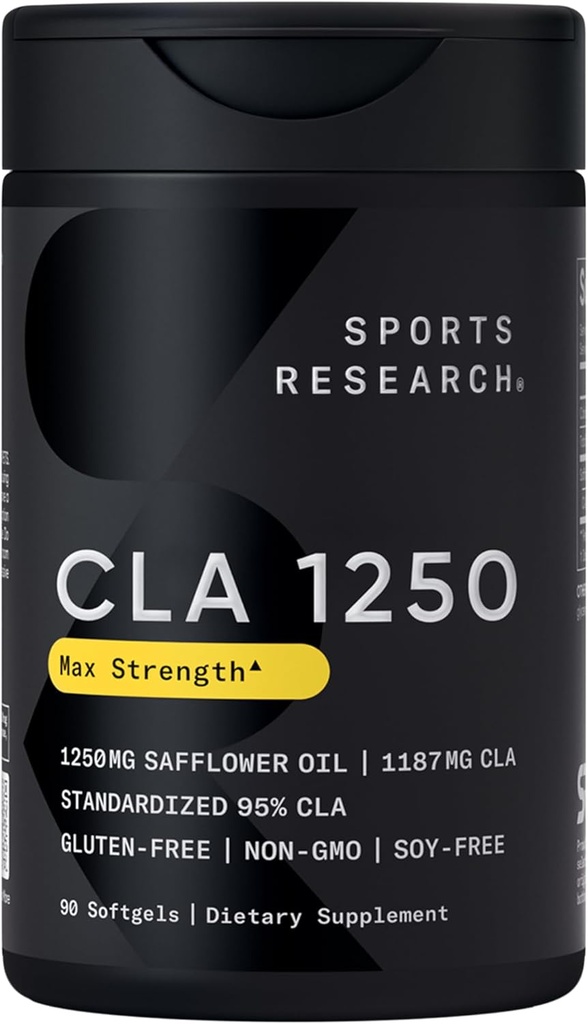 Sports Research CLA - 1250mg con ácido linoléico conjugado activo para hombres y mujeres ← No GMO, Soy & Gluten Gratis - 95% (90 Softgels)