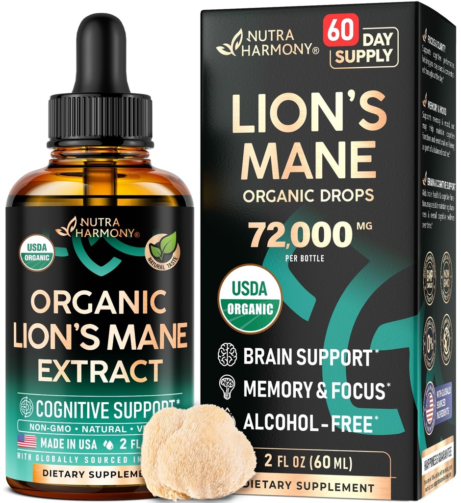 Lions Mane Liquid - USDA Certified Organic Lions Mane Supplement - Brain Support, Energy, Memory & Focus - Sugar &amp; Alcohol-Free Lion's Mane Mushroom Extract 72,000 mg / Botella, 2 Fl OZ, 2 Month Supply