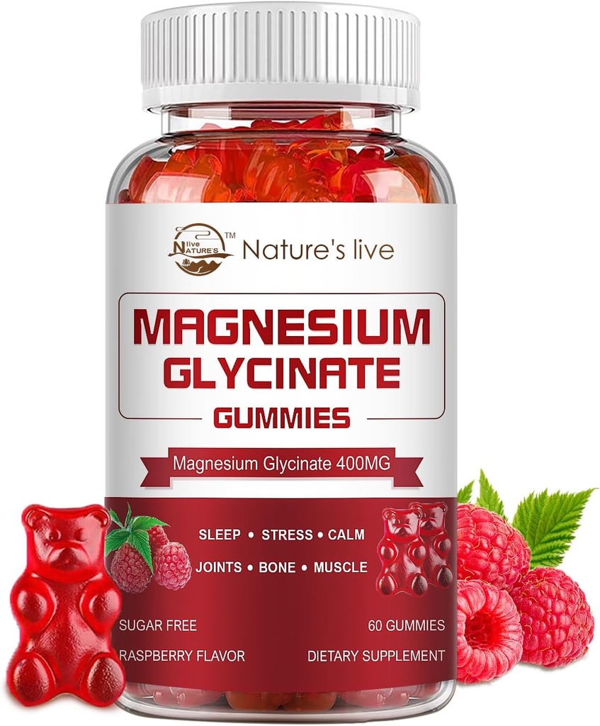 Magnesio Glycinate Gummies, Sugar suplemento de magnesio gratis con magnesio Glycinate 400mg, Magnesium L-Threonate 200mg para calma Mood, Muscle, Bone & Sleep for Adults, 60 Raspberry Gummies