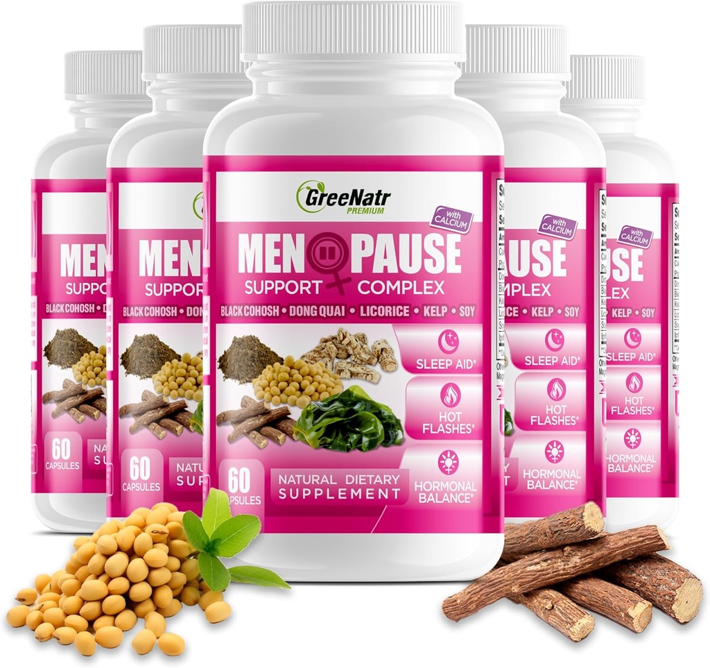 GreeNatr Herbal Menopause Support Complex for Hot Flashes, Night Sweats & Mood Swings Relief. Promueve Niveles de Hormonas Equilibrados - Cohosh Negro, Dong Quai, Licorice Root & Kelp Leaves (6 Botellas)