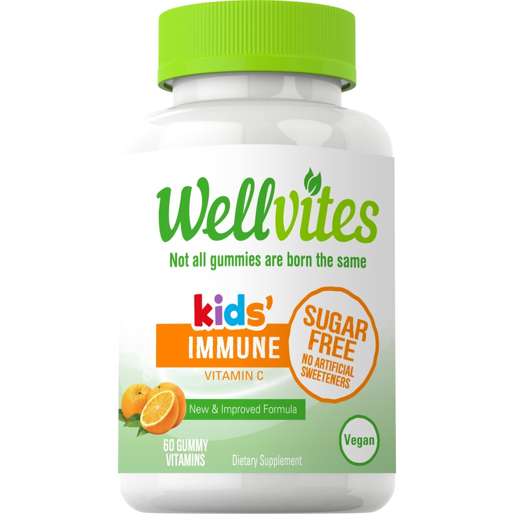 Wellvites Sugar Free Kids Immune Daily Gummy Vitamins - Vegan, Non-GMO - Vitamina C Gummies for Kids Immune Support, No Artificial Sweeteners, Gluten-Free, Gelatin-Free, 60 Conde (30 Day Supply)