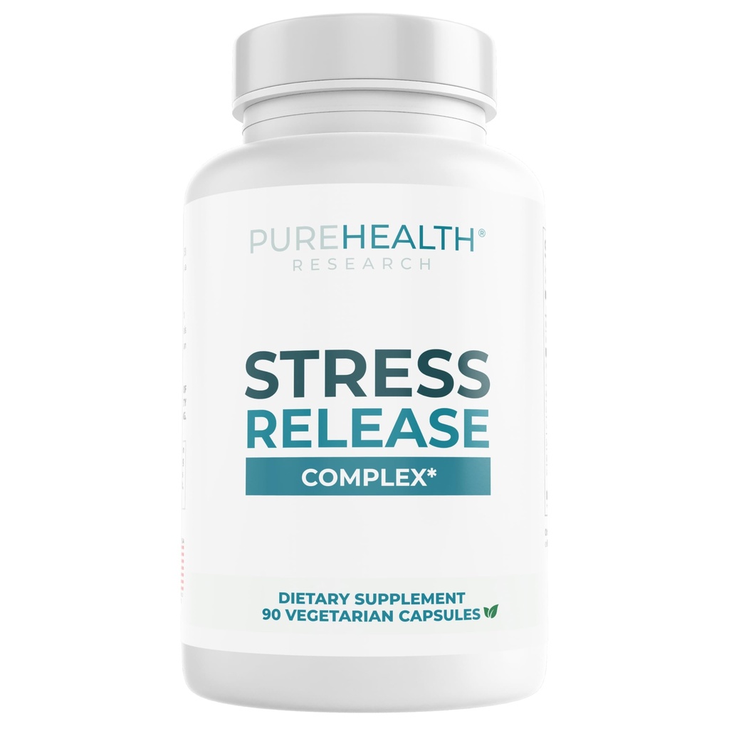 PUREHEALTH RESEARCH Stress Release Complex - Mood Support Supplement for Women &amp; Men - Helps With Occasional Stress & Relaxation - With Ashwagandha, L Theanine, Lemon Balm, Niacin &amp; Más - 90 cápsulas