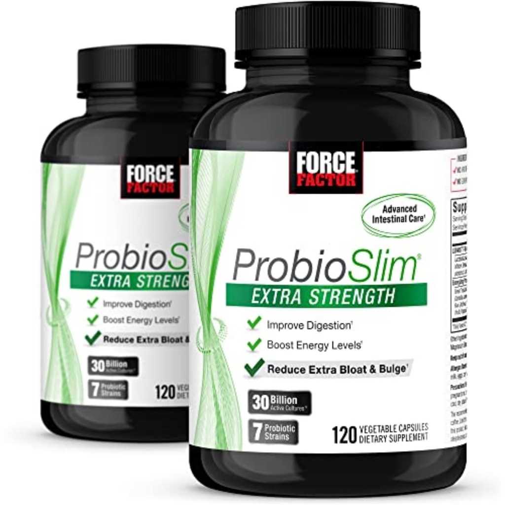 Factor de fuerza ProbioSlim Extra Strength, Suplemento Probiótico para Mujeres y Hombres con 30 Billones CFUs y Green Tea Extract for Gut Health Support, Bloating and Gas Relief, 120 Conde (Pack of 2)