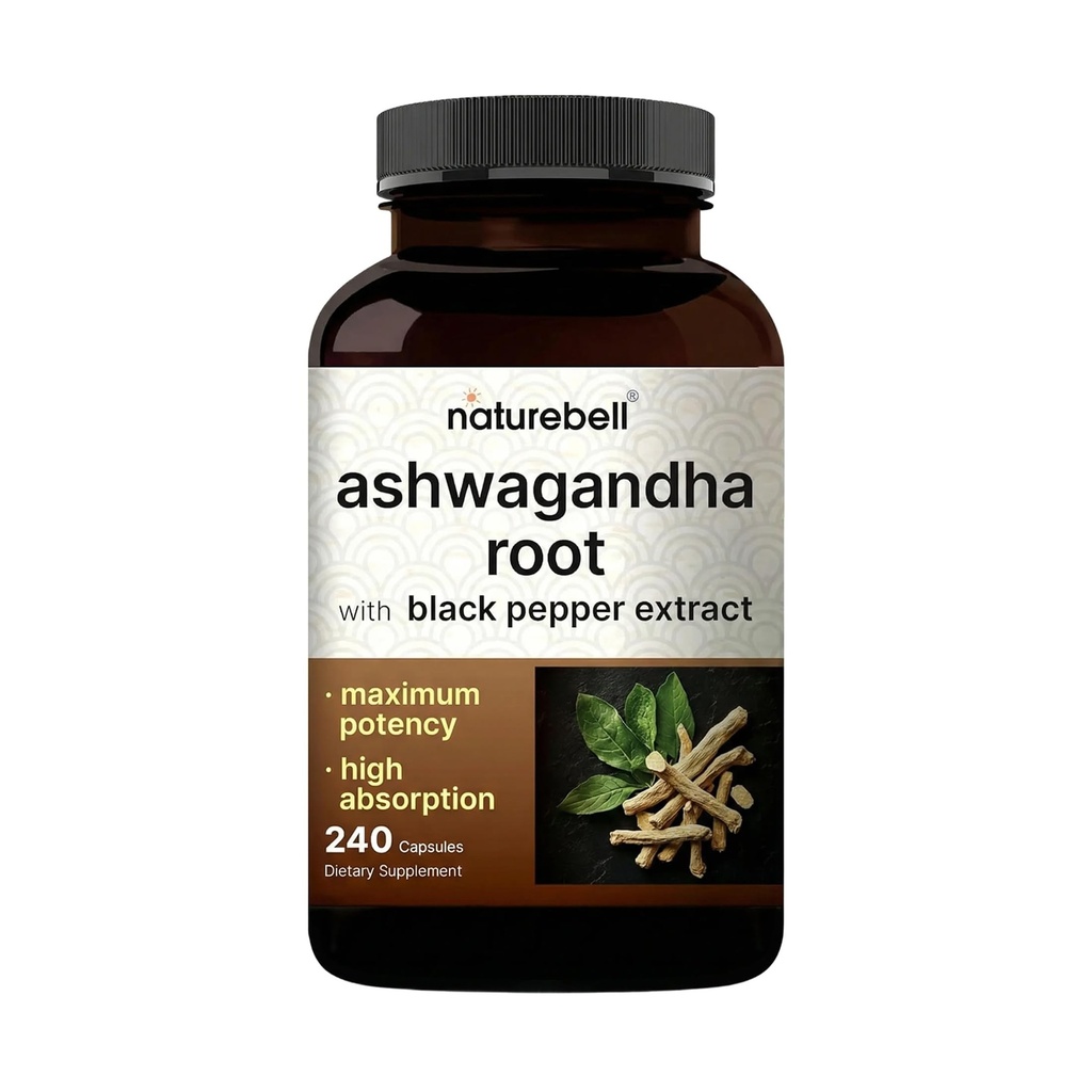 NatureBell Ashwagandha con Black Pepper, 240 cápsulas  sometida High Absorption Complex – Extra Strength Root Extract – Adaptogens Supplements for Relaxation – Non-GMO