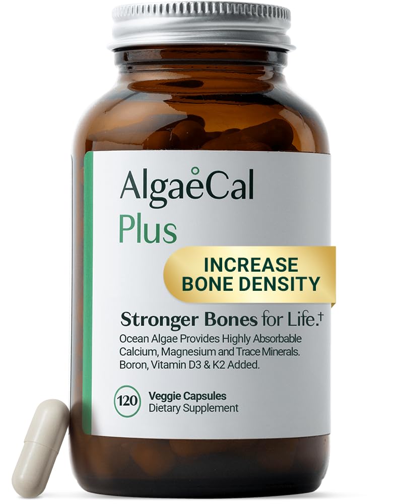 ALGAECAL Orgánica de Algas Rojas Suplemento de Calcio para Densidad de Hueso, Vitamina K2 MK7 (100 mg), Vitamina D3 (1600 UI), Magnesio (350 mg) " Trace Minerals " Strength, Easy to Swallow, 120 Veggie Caps
