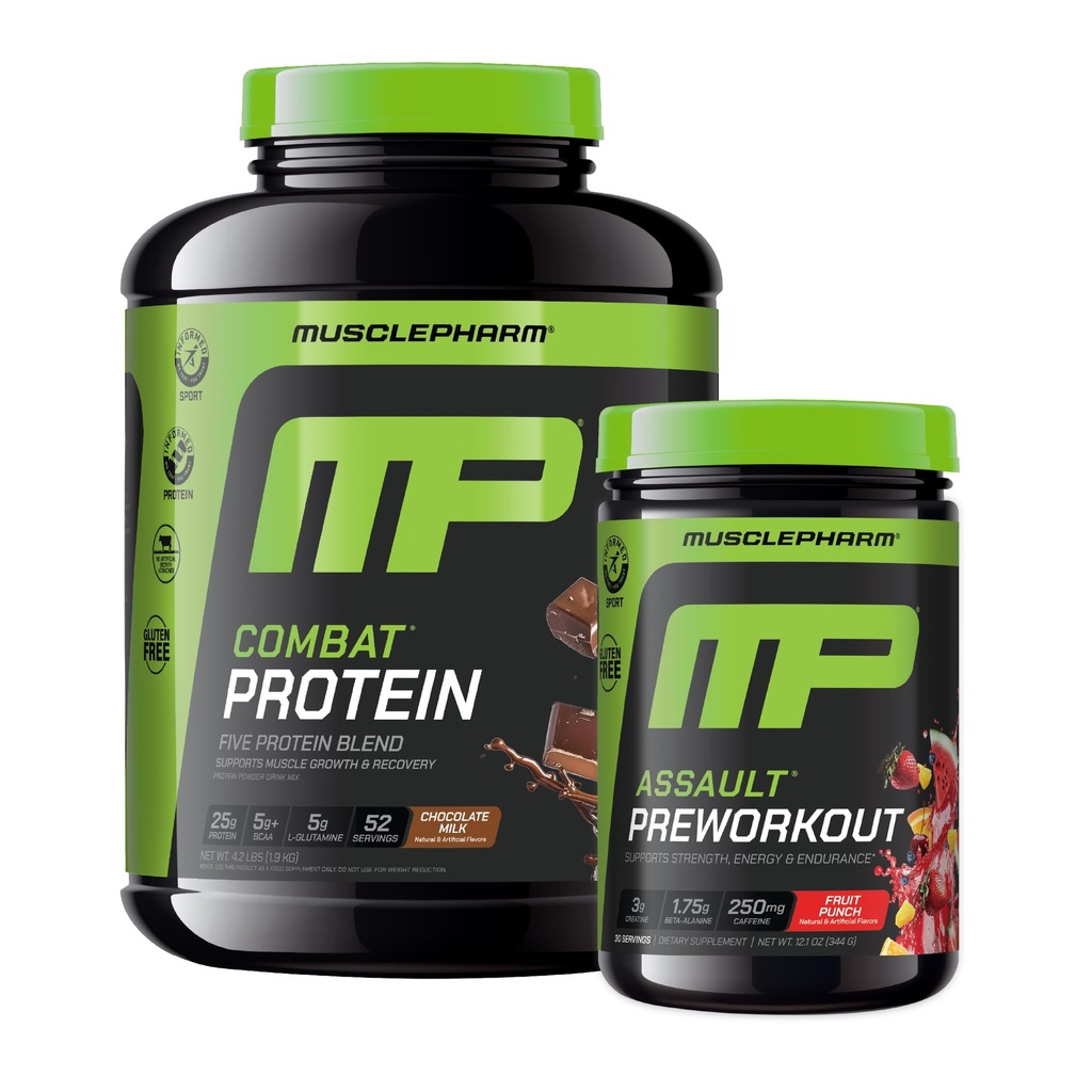 Muscle Pharm Combat 4lb Chocolate Proteína y MusclePharm Assualt Fruit Punch Preworkout