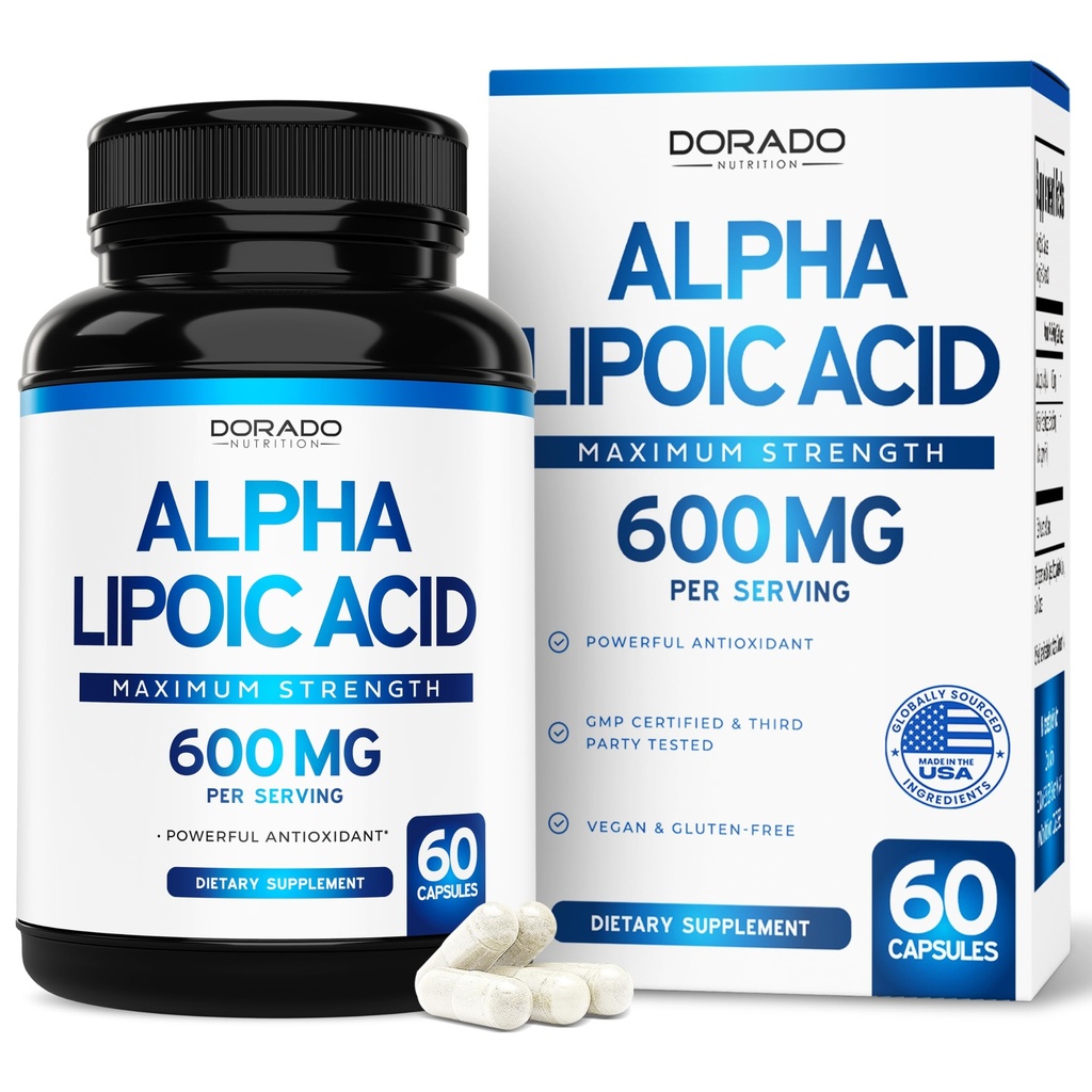 Ácido Lipoico alfa 600mg por Servir 60 cápsulas - Antioxidante Potente para Neuropatía y Salud Cardiovascular (Suplemento ALA) - Tercera Parte Probada, No GMO, Gluten Free, Vegan &amp; USA Made