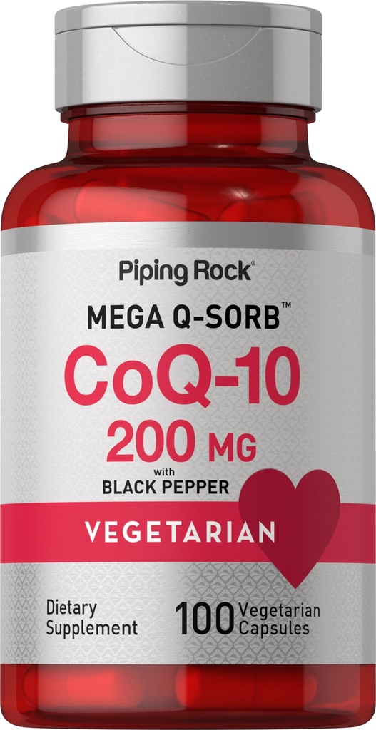 Piping Rock CoQ10 200mg Capsules ← 100 Pills ← Black Pepper Extract ← Coenzyme Q10 Suplemento para Mujeres y Hombres Silencio Vegetariano, No GMO, Gluten Free