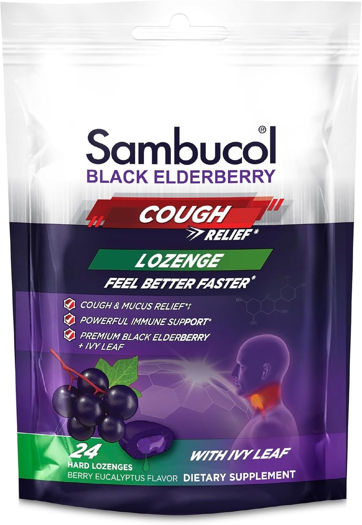 Sambucol Black Elderberry Cough Relief Lozenges - Cough Drops for Adults, Sambucus Elderberry Lozenges, con Ivy Leaf, Cough &amp; Mucus Relief, Immune Support, Berry Eucalyptus - 24 Count, 1 Pack