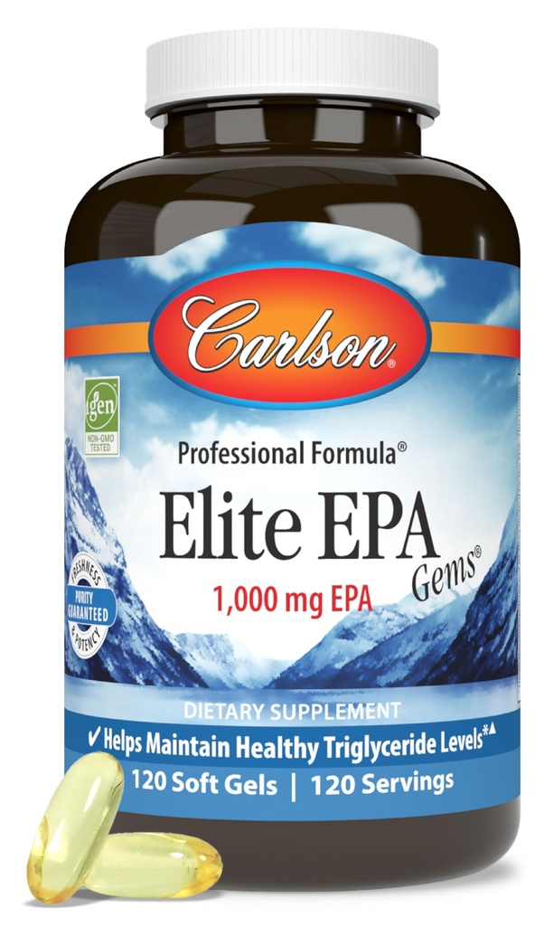 Carlson - Elite EPA Gems, 1000 mg EPA Fish Oil, Wild-Caught, Norwegian Fish Oil, Fuente sostenible, Ayuda a mantener niveles saludables de triglicéridos, 120 Softgels