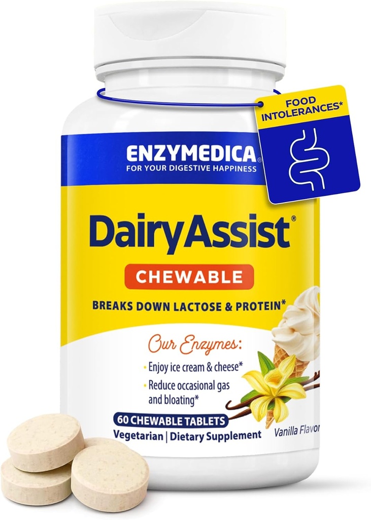 Enzymedica DairyAssist Chewable, 2-en-1 Enzymes Digestivos para Dairy, Lactose y Digestión de Casein, Fórmula de acción rápida para Gas y Alivio de Bloating, 60 Tabletas Chewable