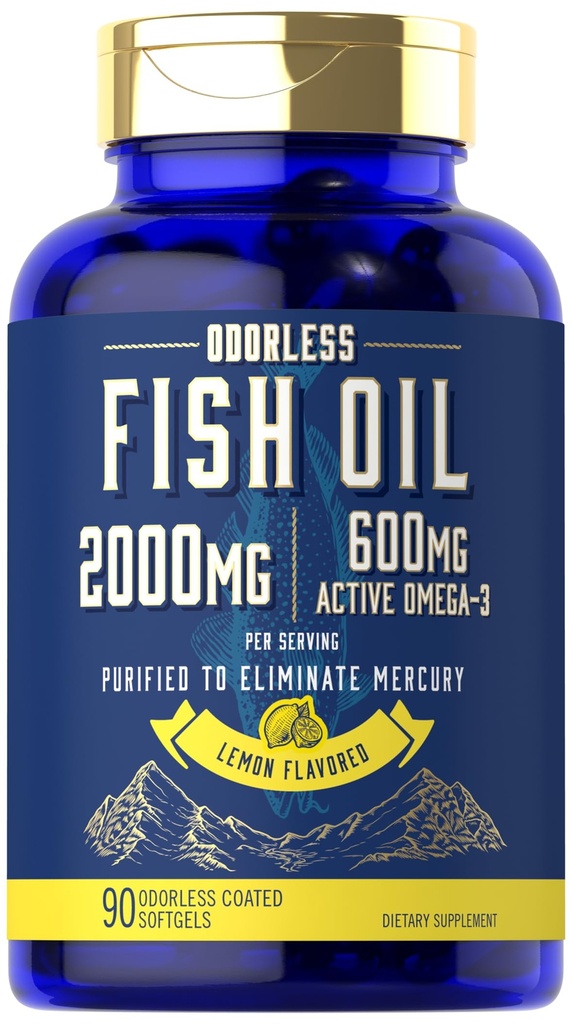 Carlyle Fish Oil 2000mg ← 600mg Omega 3 Suplemento para Hombres &amp; Mujeres TEN 90 Odorless Softgels TEN Lemon Flavored TEN Non-GMO y Gluten Free