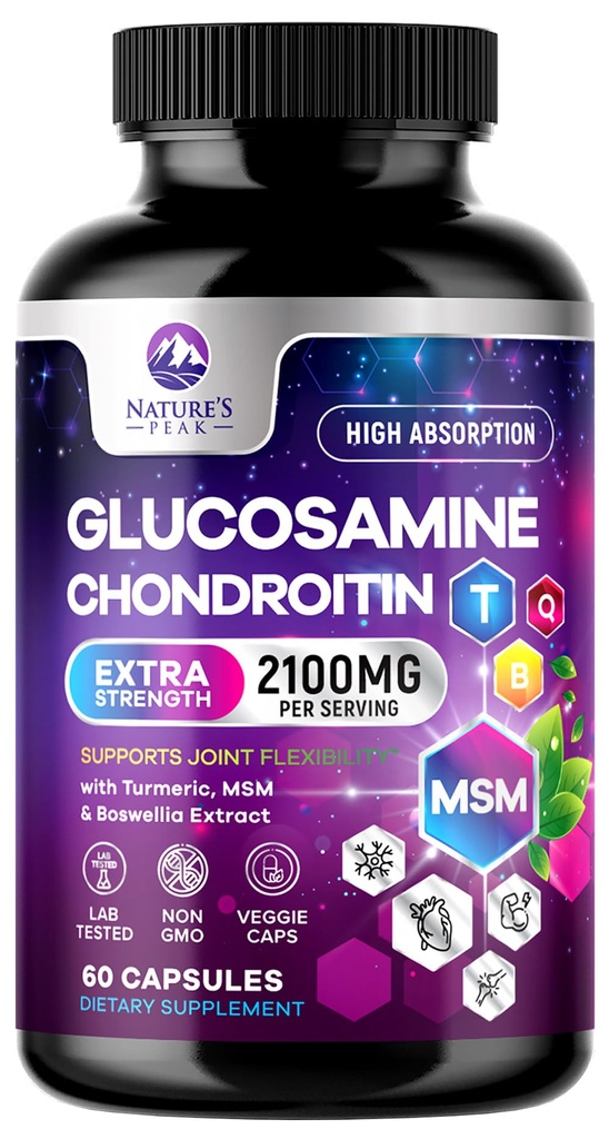 Glucosamine Chondroitin MSM Joint Supplement 2100mg - with Glucosamine Sulfate, Turmeric, Boswellia, Quercetin & Bromelain - Nature's Extra Strength Flexibility, Mobility & Joint Support, 60 Capsules