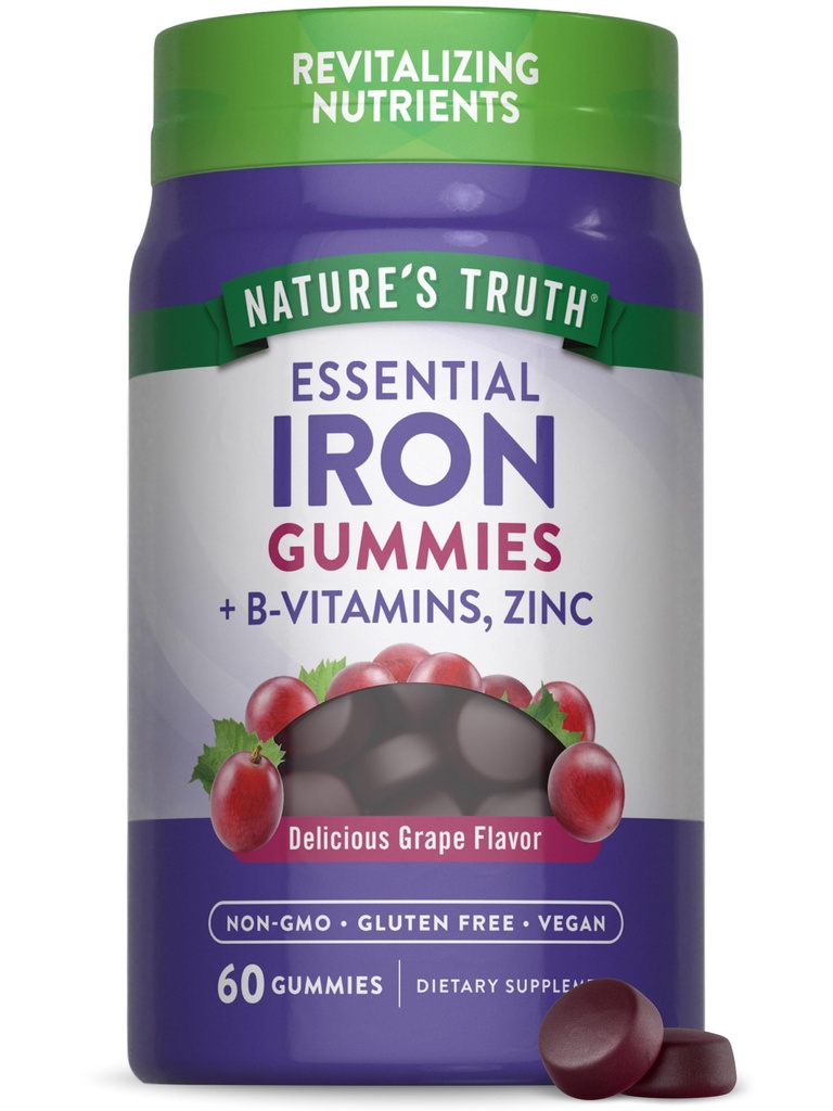 La verdad de la naturaleza Hierro Gummies ANTE 60 Conde viv Vegan, No GMO &amp; Gluten Suplemento gratuito Silencio con las vitaminas Zinc &amp; B
