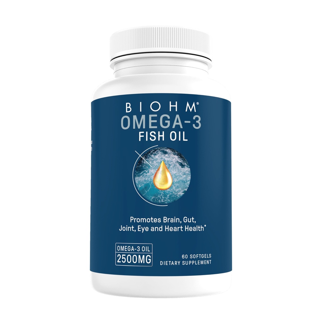 BIOHM Omega-3 Fish Oil (2500mg, 60 Softgels) High Potency 860mg EPA &amp; 630mg DHA, Omega 3 Fatty Acid Suplementos para apoyar cerebro, articulación, ojo, salud del hígado " , Fuente sostenible