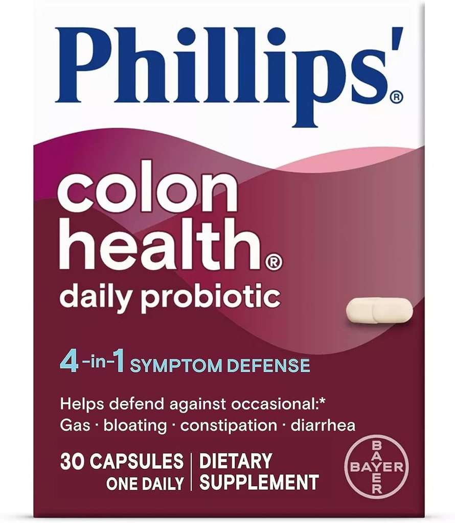 Philips' Colon Health Daily Probiotic Capsules, 4-in-1 Symptom Defense para ayudar a defender contra el gas ocasional, el rubor, el estreñimiento y la diarrea, suplemento diario, 30 cuenta