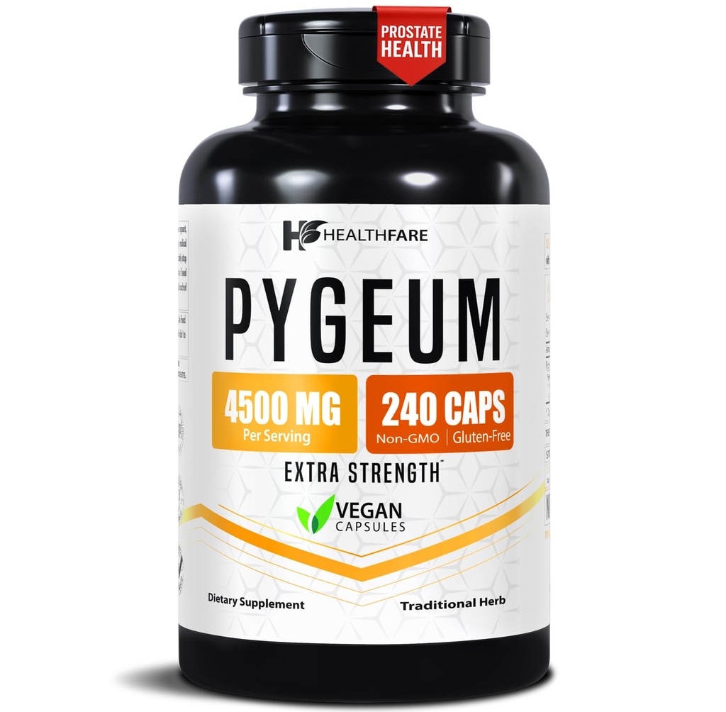 Healthfare Pygeum Supplement, 4500mg TEN 240 Vegan Capsules TEN Ultra Standardized Bark Extract ← Herbal Supplement TEN Non-GMO & Gluten-Free TEN Made in The USA