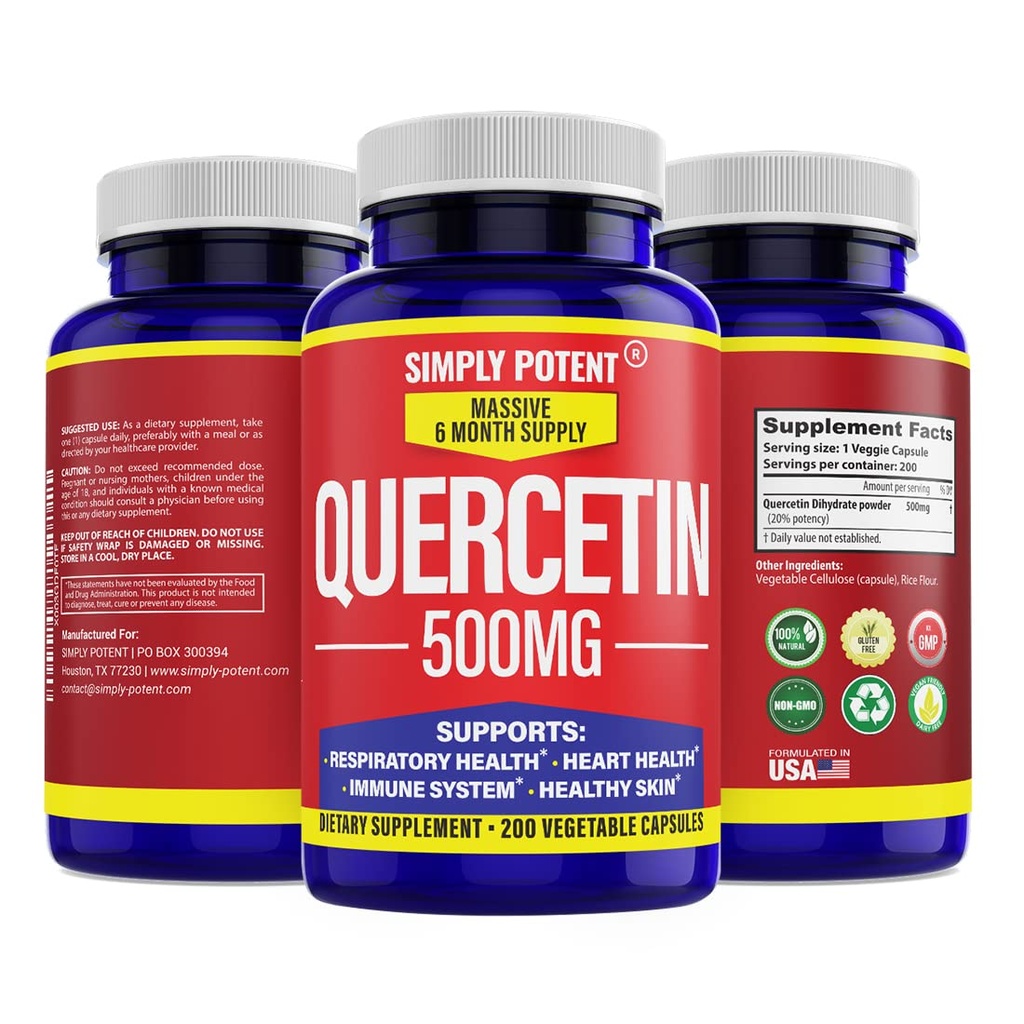 Simple Potent Quercetin Suplementos, Quercetin 500mg 200 cápsulas, 2 X Quercetin 250mg Phytosome Bioflavonoid Antioxidante Vegan Gluten Free Pills to Support Healthy Cellular Heart & Immune Funciones