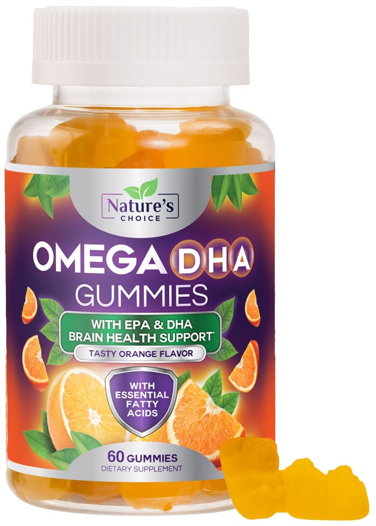 Omega 3 Fish Oil Gummies - Triple Strength Omega3 Gummy - DHA &amp; EPA Fatty Acids for Heart Health, Joint & Brain Support, Nature's High Absorption Omega Fish Oil Suplemento, Orange Flavor- 60 Gummies