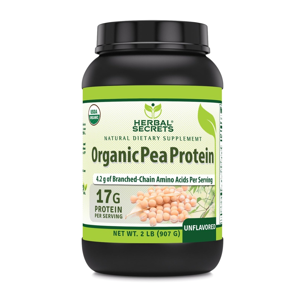 Herbal Secrets Organic Pea Protein Powder Silencio 2 Lbs. Silencio 17 Grams Protein Por Serving ← 4.2 Grams BCAA Supplement ← Non-GMO TEN Gluten Free TEN Made in USA