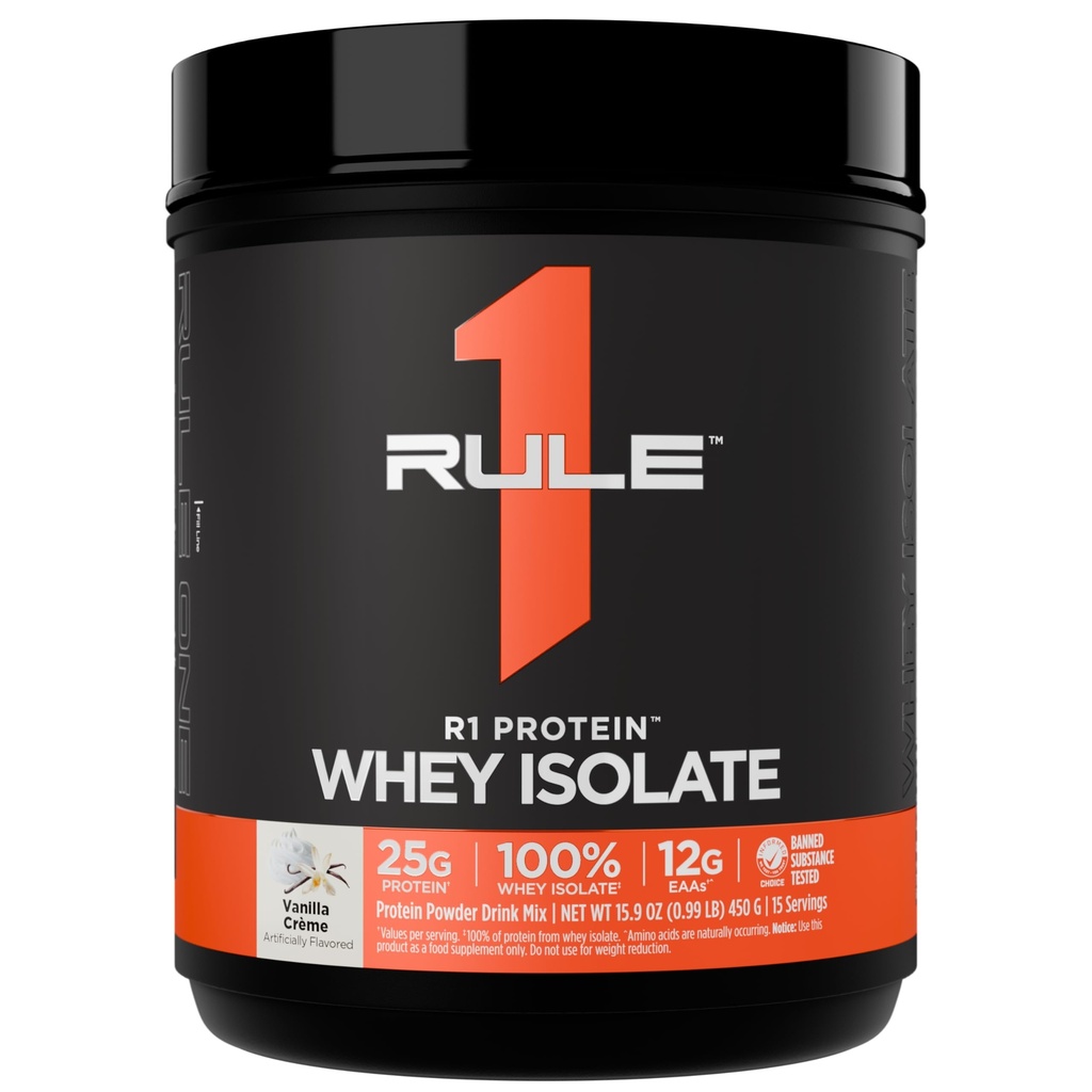 Regla 1 R1 Protein Whey Isolate - con 25g Protein &amp; 6g BCAA Exclusivamente de Fuentes Hidrolyzed Isoladas para la recuperación del entrenamiento (1 libra*, Crema de Vainilla)