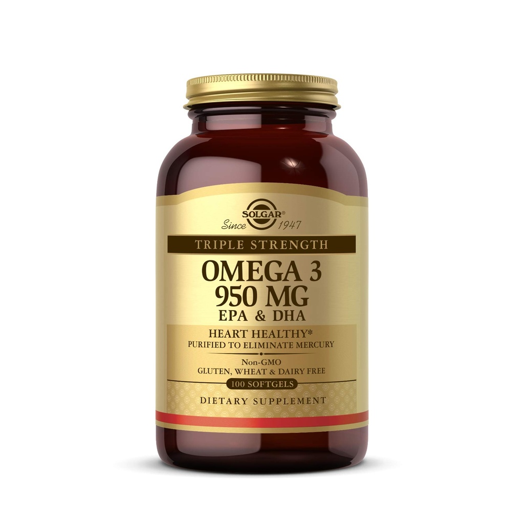Solgar Triple Strength Omega-3 950 mg, 100 Softgels - Asistencia Cardiovascular, Mixta &amp; Skin Health - Heart Healthy Supplement - Essential Fatty Acids - Non GMO, Gluten Free, Dairy Free - 100 Count