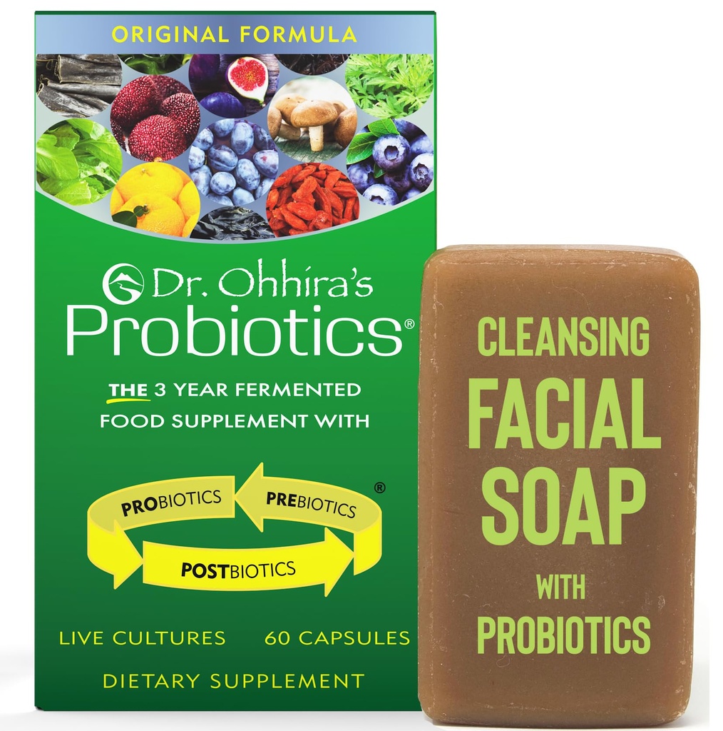 Probióticos del Dr. Ohhira Original Fórmula 60 cápsulas con bonificación Bar Soap Travel Size 20g - No Refrigeration Supplement for Women and Men, 13 Strains Probiótico