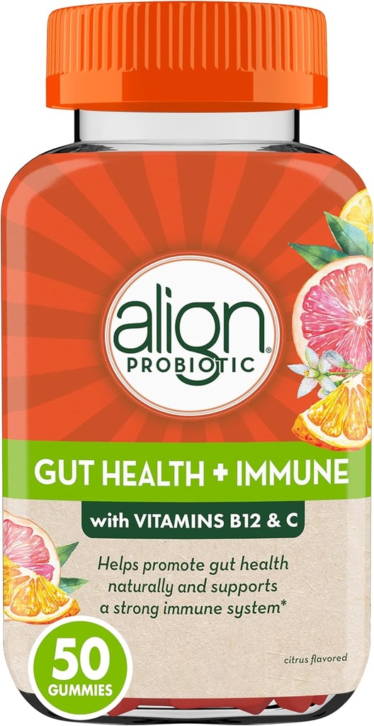 Probiótico Alineado, Gut Health &amp; Immunity Support, Probiótico para Mujeres y Hombres, #1 Doctor Recomendado Marca, Vitamina C y B12 para Apoyo Inmunitario &amp; Energía, Citrus Flavor, 50 Gummies