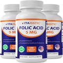 Vitamatic Folic Acid 5mg (5000 mcg) – 120 Tabletas Vegetarianas por Botella – Vitamina B9 (Folate) – 3-Pack tención Total 360 Tablets