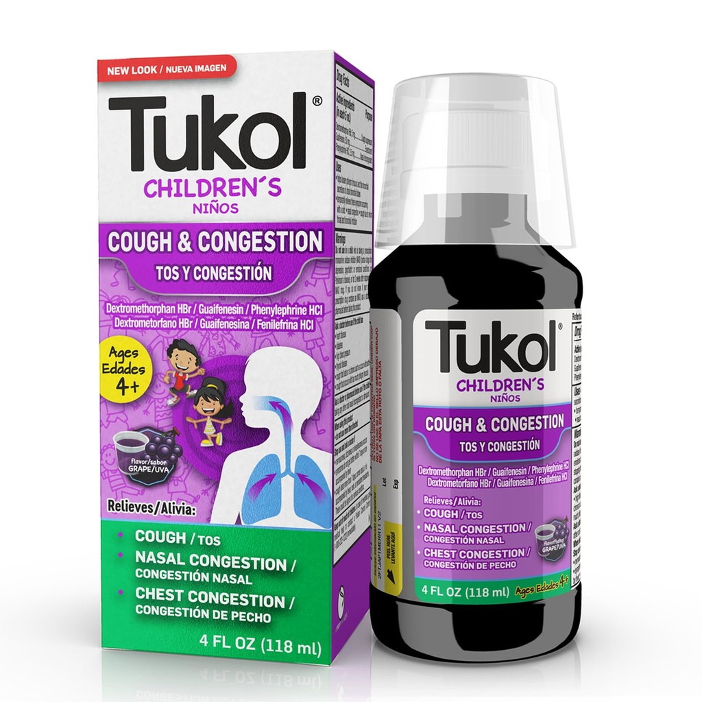 TUKOL Children's Cough Medicine - Cough &amp; Congestion Relief, Chestal Cough Suppressant for Kids, Children's Cold and Cough Medicine, Kids Cough Syrup for Ages 4+ Grape Flavor 4 FL OZ