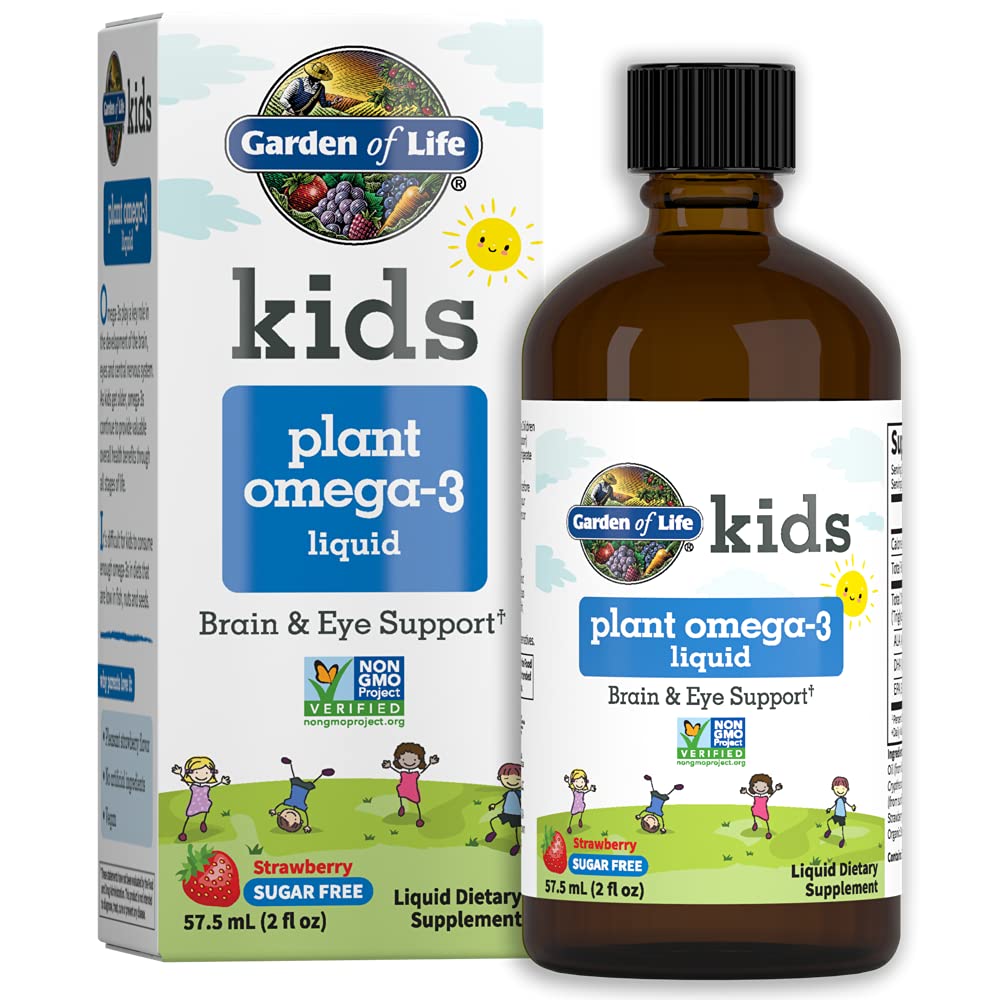 Garden of Life Kids Plant Omega-3 Liquid, Strawberry - Vegan Brain & Eye Support for Kids, Plant-Based Children's Omega 3 ALA, DHA &amp; EPA Supplement for Children, Sugar Free " Non-GMO - 2 fl oz Liquid