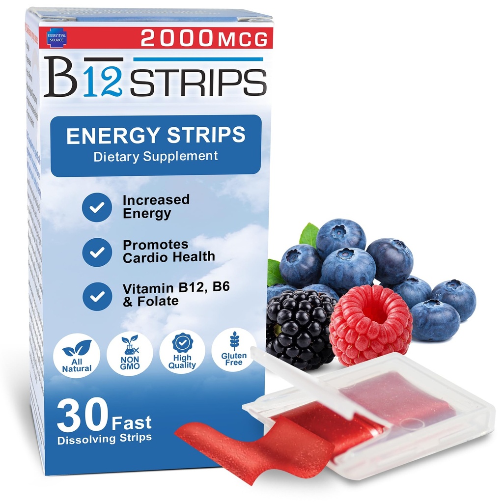 Fuente esencial 2.000 mcg Metilcobalamina Vitamina B12 Sublingual Energy Strips ← Biotina, B6, 5-MTHF L-Methylfolate ANTE Sublingual B12 Vitaminas, Folate  durable Energy, Nerve Función - 30 Strips