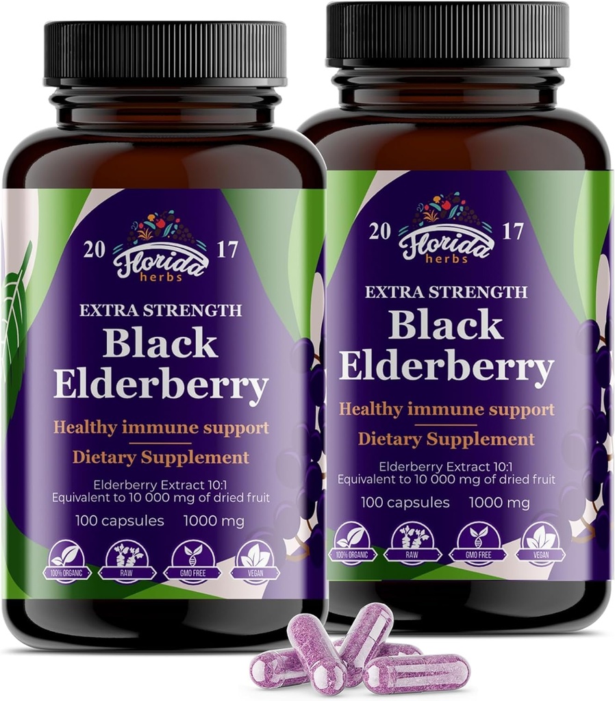 Capsules de arándano negro Silencioso 200 Conde - 10,000mg peru Sambucus Vitaminas de arándano, No GMO, Sin gluten, Extracto de arándano orgánico Sambucus Nigra - 200 cápsulas Vegan - Pack de 2