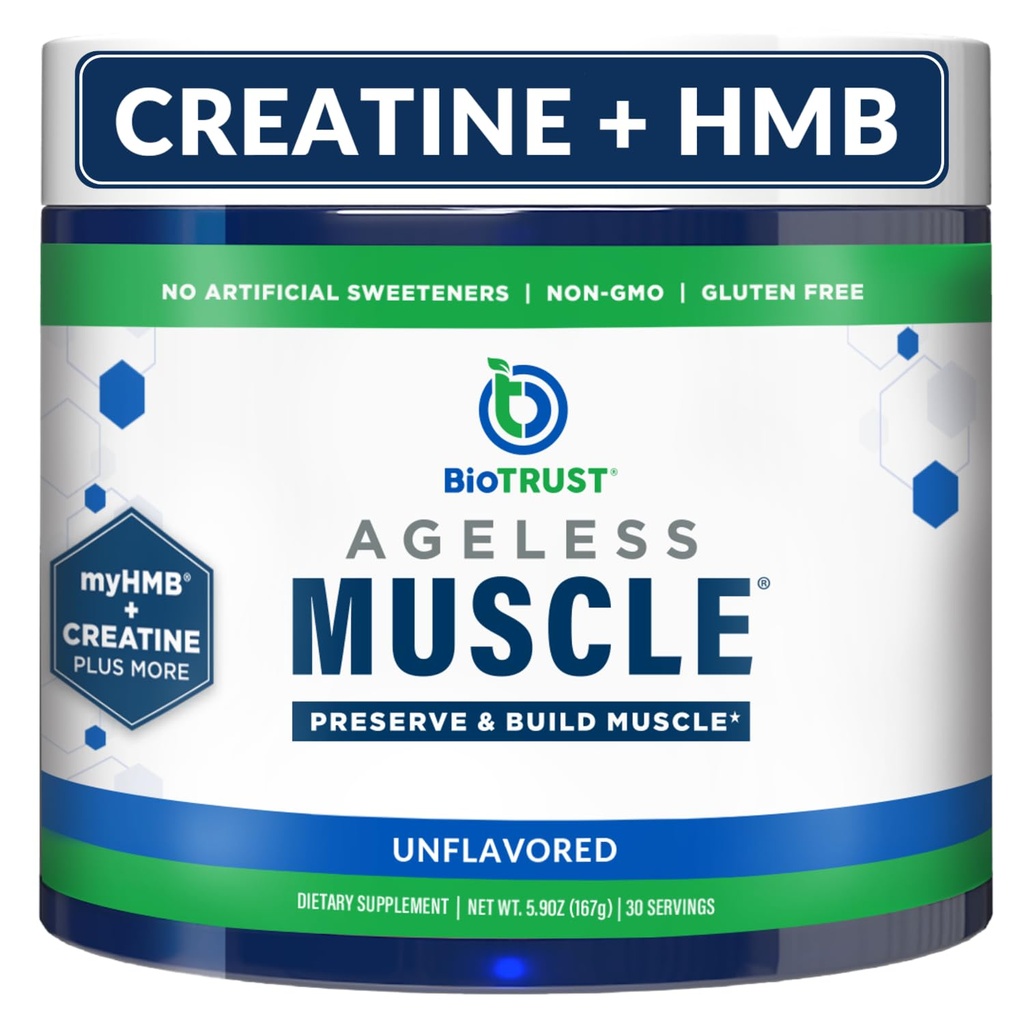 BioTrust Ageless Muscle Builder - Creatine HMB Powder with Vitamin D3 " Betaine - Build " Preserve Naturally Declining Muscle Mass " Strength - Unflavored, 30 Servings