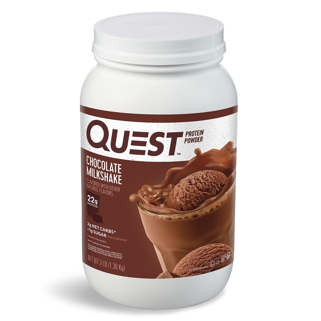 Quest Nutrition Chocolate Milkshake Protein Powder, 22g Protein, 1g Sugar, Low Carb, Gluten Free, 3 libras, 43 piezas