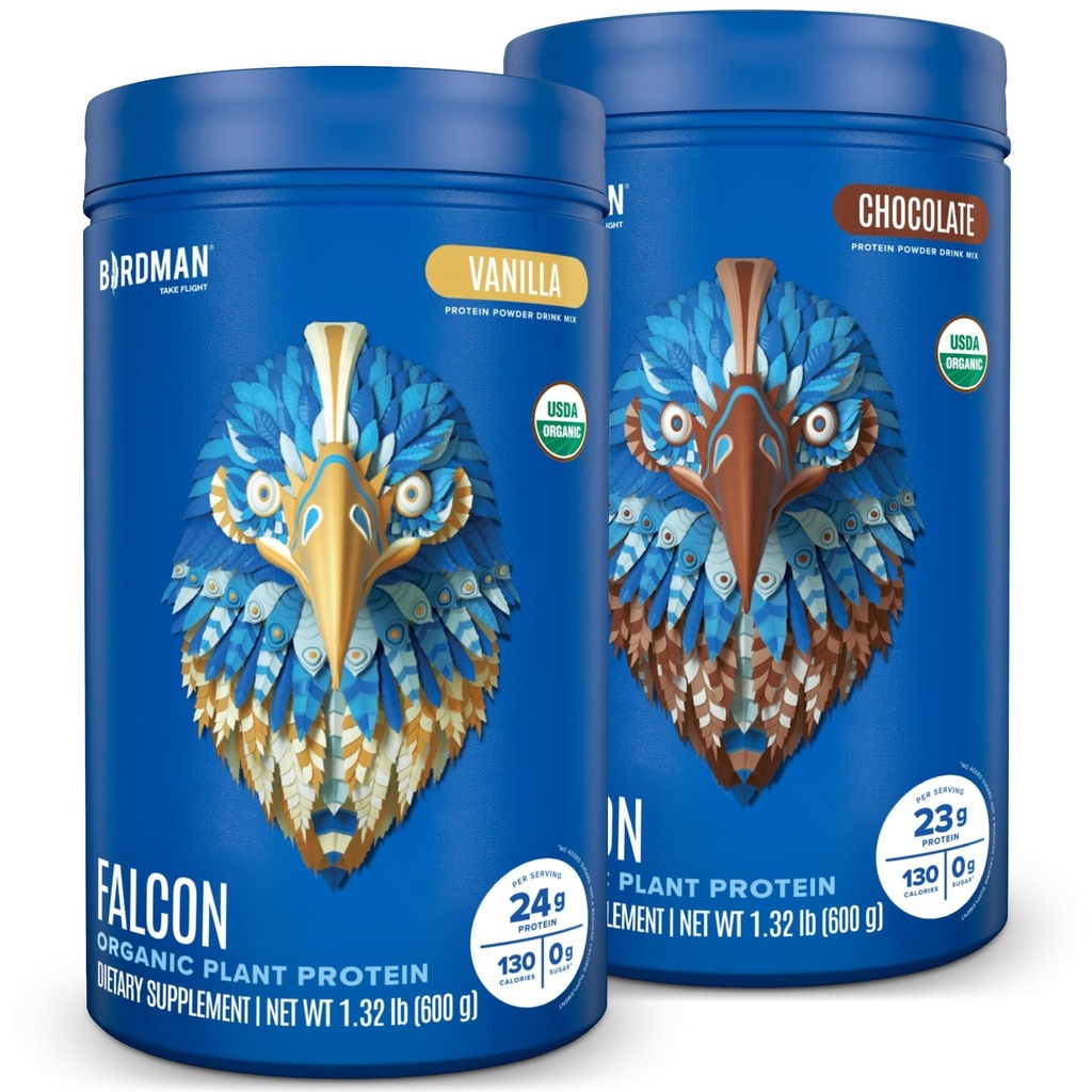 BIRDMAN Falcon Vegan Protein Powder Orgánico, Stevia & Sugar Gratis, Planta Basada, Baja Carb, Dairy Free, Keto, Non Whey, Probiótico, Pea Protein ← Combo Pack: Vanilla & Chocolate Flavors - 20 Serviciones Cada