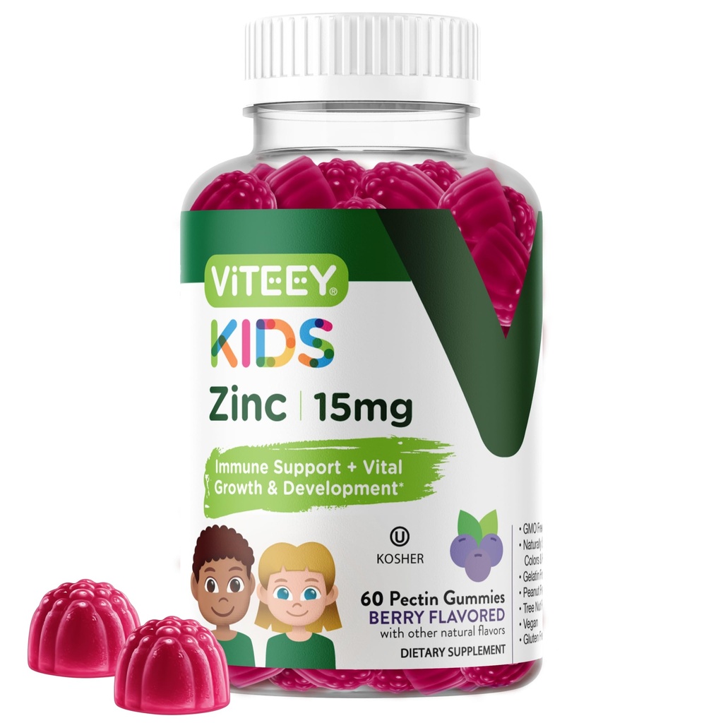 Viteey Zinc for Kids Gummies, 15mg - Immune Support - Powerful Natural Antioxidant, Kids Zinc Vitamin Supplement - Vegan, Gelatin Gratis, Gluten Gratis - Tasty Chewable Berry Flavor Gummy