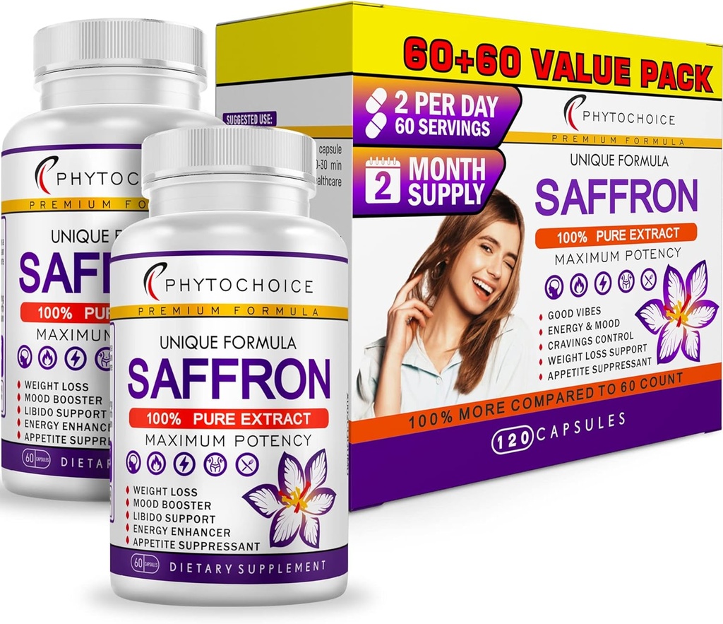 Suplementos Saffron - 100% Puro Saffron Extract Capsules - Boost Energy &amp; Mood, Focus, Vision, Supports Eye, Retina y Lens Health, Support Heart Health for Women &amp; Men - Made in USA - 120 Capsules