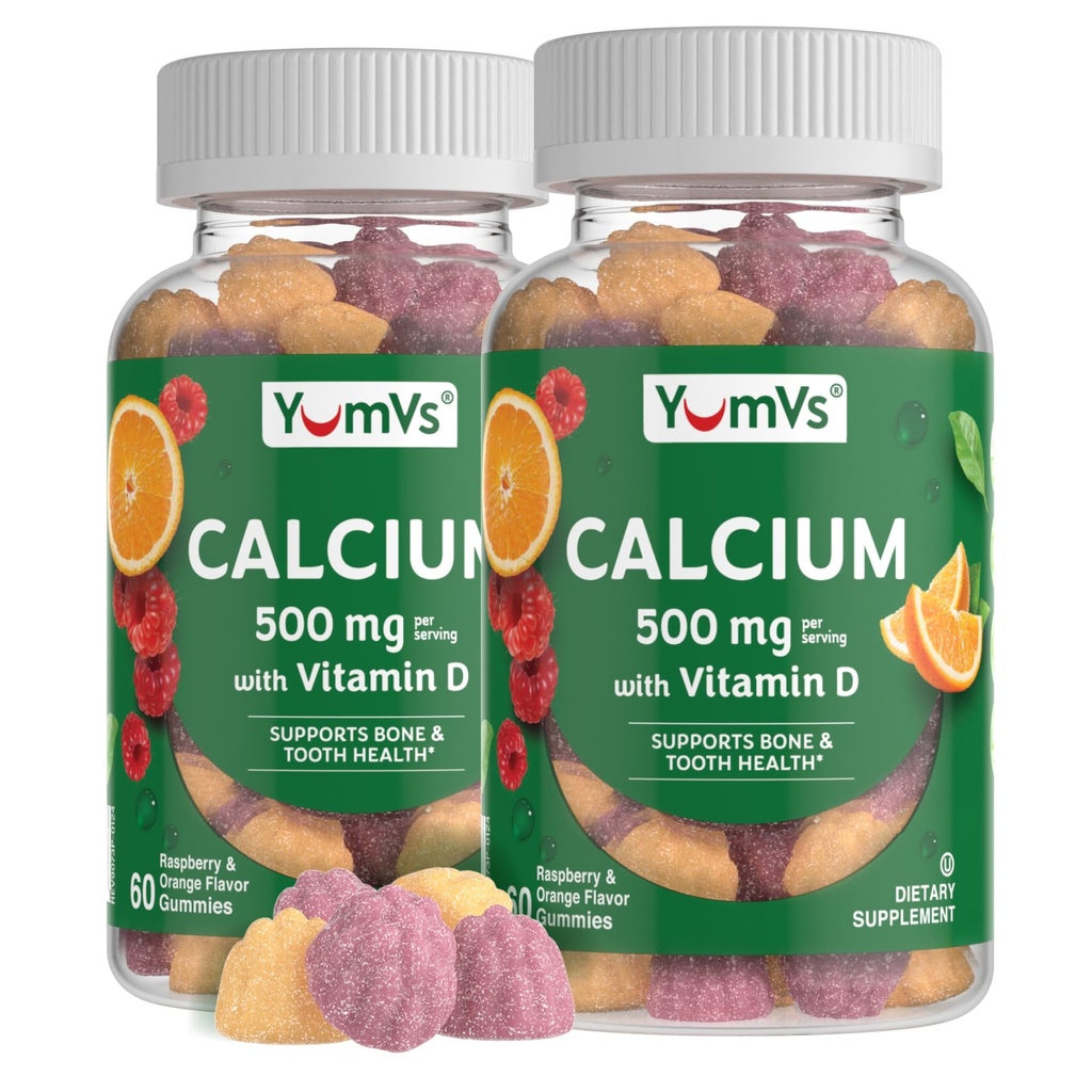 YumVs Calcio 500 mg con Vitamina D3 - Raspberry & Orange Flavor Calcio Vitamina D Gummies, Suplemento de Calcio Chewable para Adultos Infantiles, Vitamina D Calcio Gummies (60 Cuenta (Pack de 2))