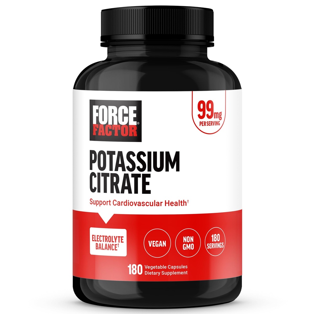 Factor de fuerza Citrato de potasio, cápsulas de potasio para apoyar la salud cardiovascular, promover el equilibrio de electrolitos y la hidratación de boosto, ideal para atletas, 180 cápsulas vegetales